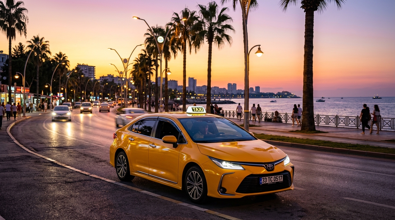 Mersin sahilinde Mersin Genel Taksi aracı